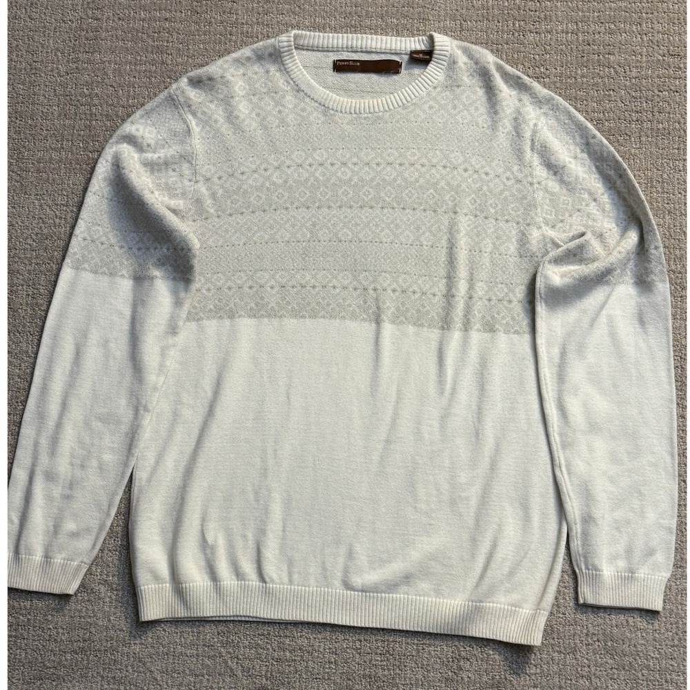 Perry Ellis Sweater Knit Crew Neck Patterned Pullover‎ Top Ivory M
